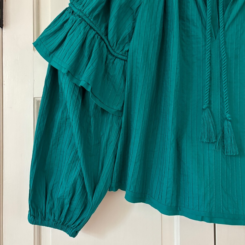 ULLA JOHNSON Concetta Blouse Verdigris Green Peasant Blouse Puff Sleeve Size‎ 10 - Picture 4 of 15